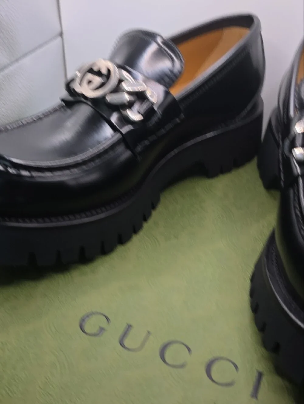 Gucci Black Patent Leather Platform Chain Loafers